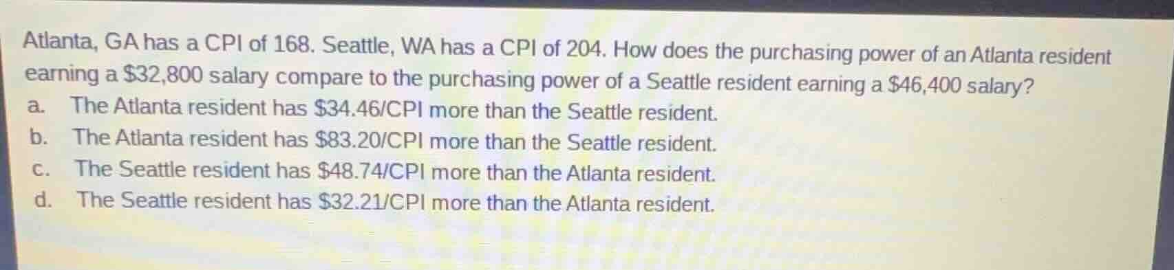 atlanta, ga has a cpi of 168. seattle, wa has a cpi of 204. how does th…