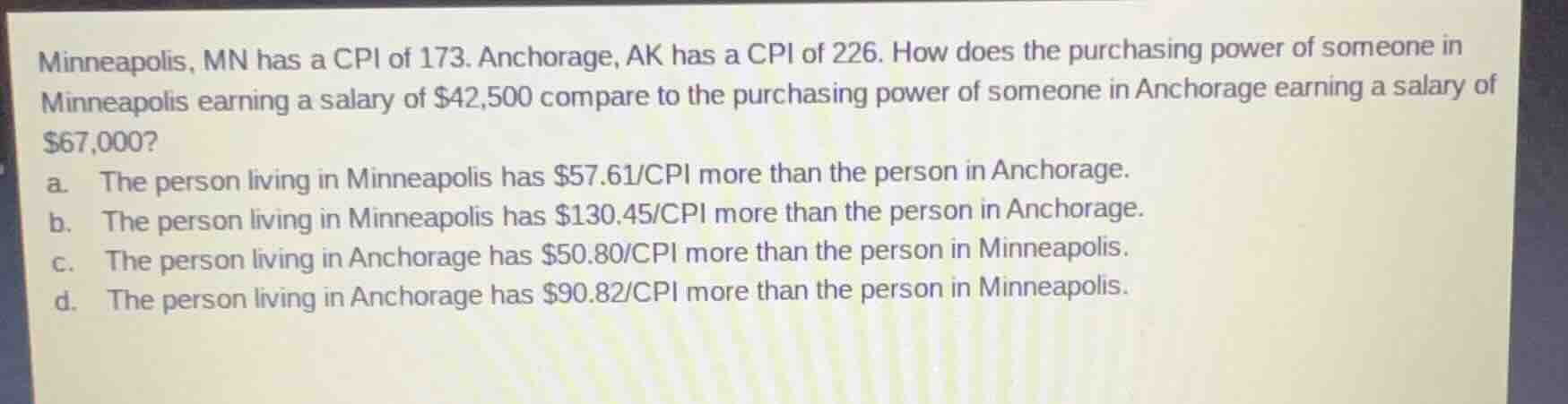 minneapolis, mn has a cpi of 173. anchorage, ak has a cpi of 226. how d…