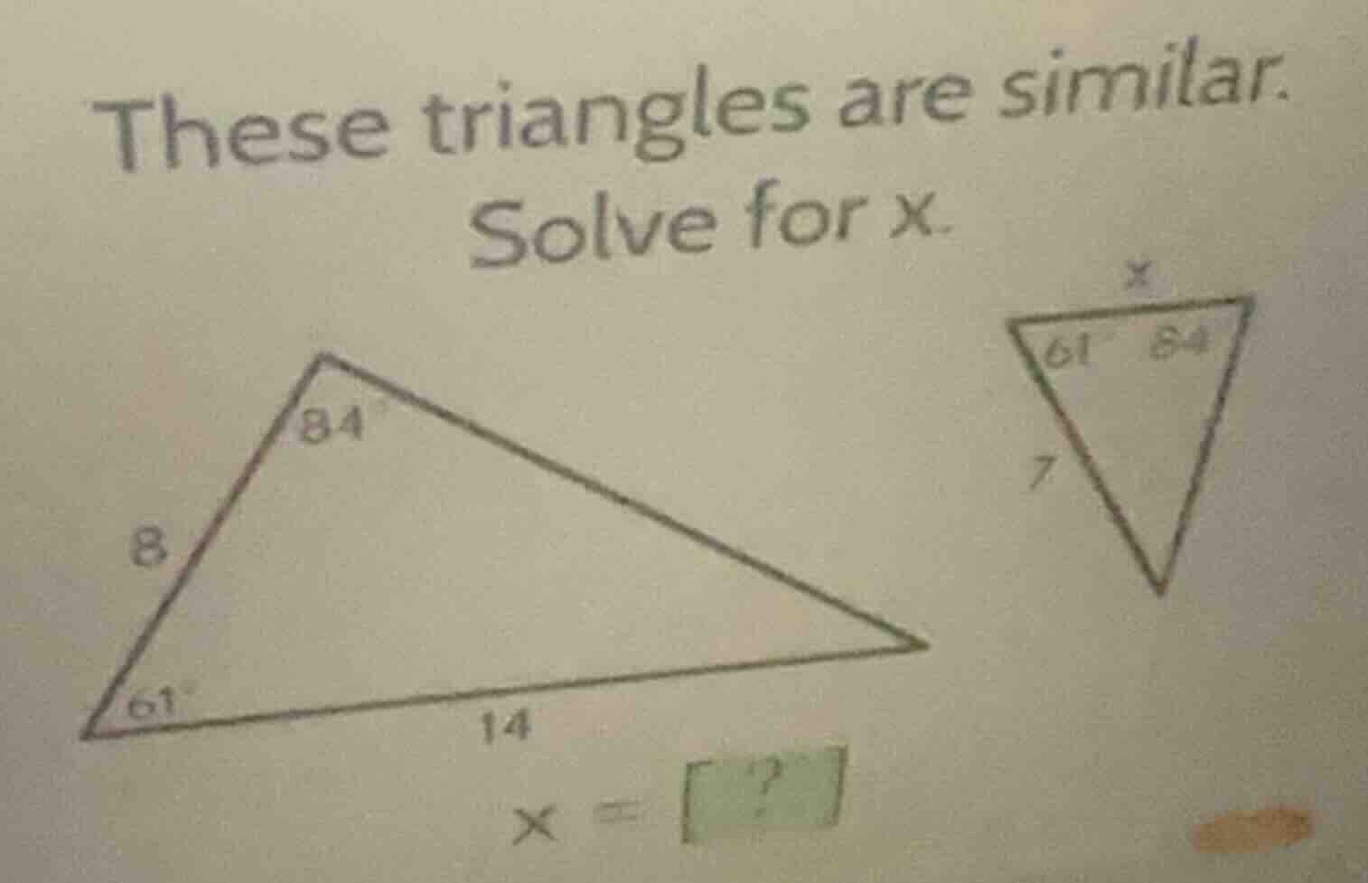 these triangles are similar. solve for x. \\(x = ?\\)