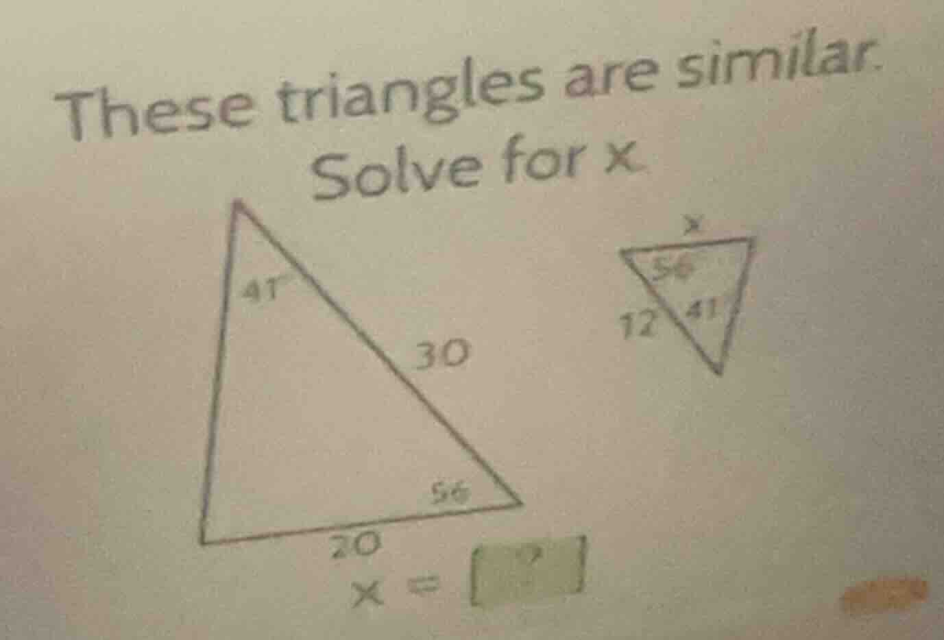 these triangles are similar. solve for x. \\(x = \\)