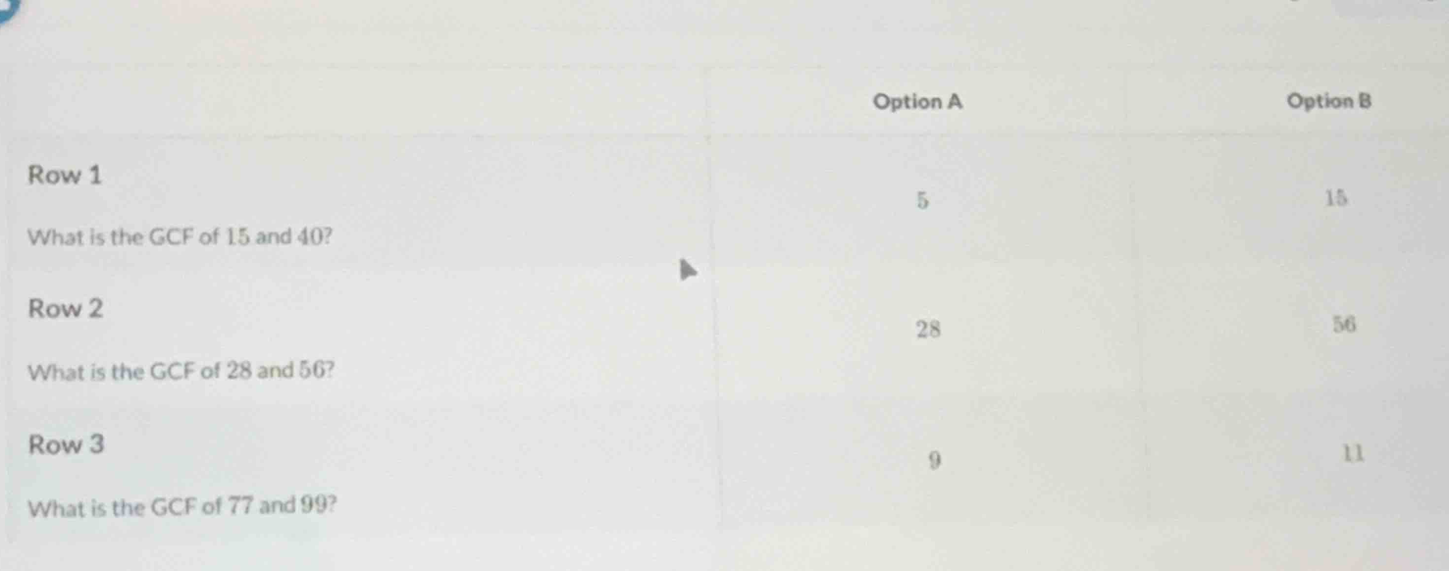 option a option b row 1 what is the gcf of 15 and 40? 5 15 row 2 what i…
