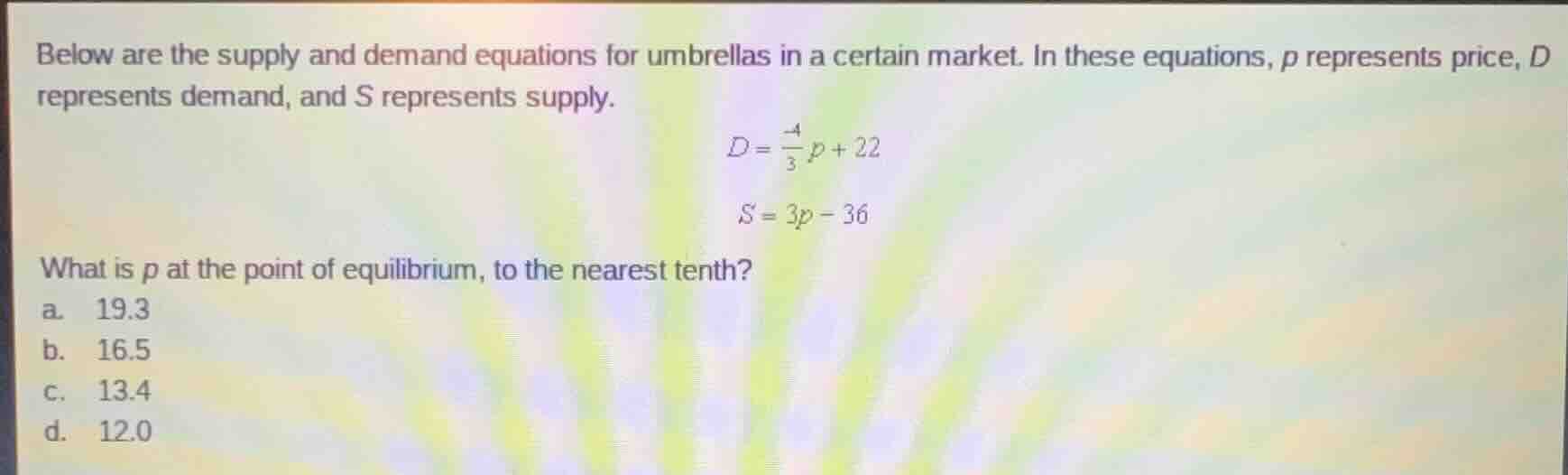 below are the supply and demand equations for umbrellas in a certain ma…