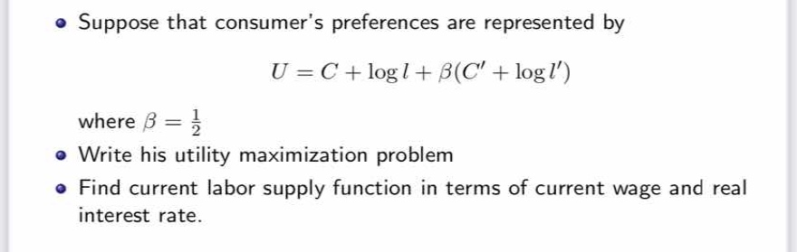 suppose that consumers preferences are represented by \\u = c + \\log l…