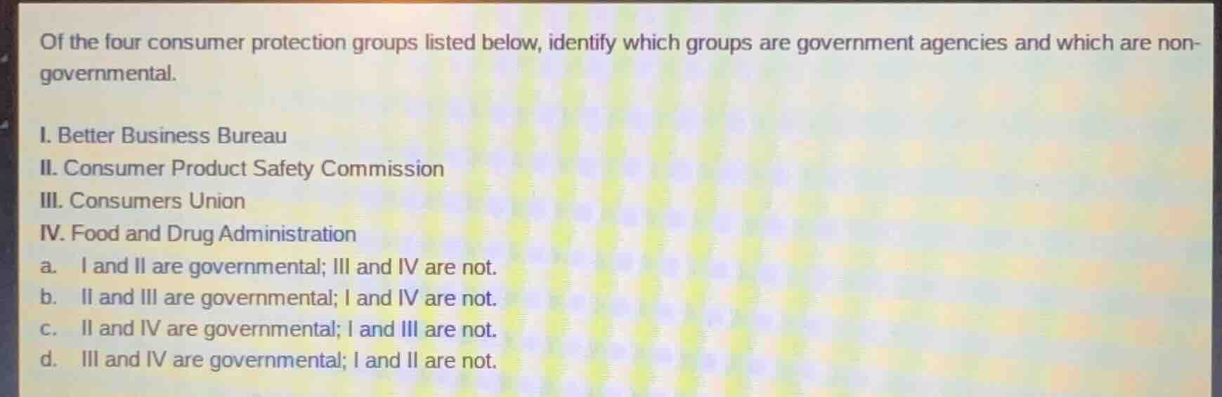 of the four consumer protection groups listed below, identify which gro…