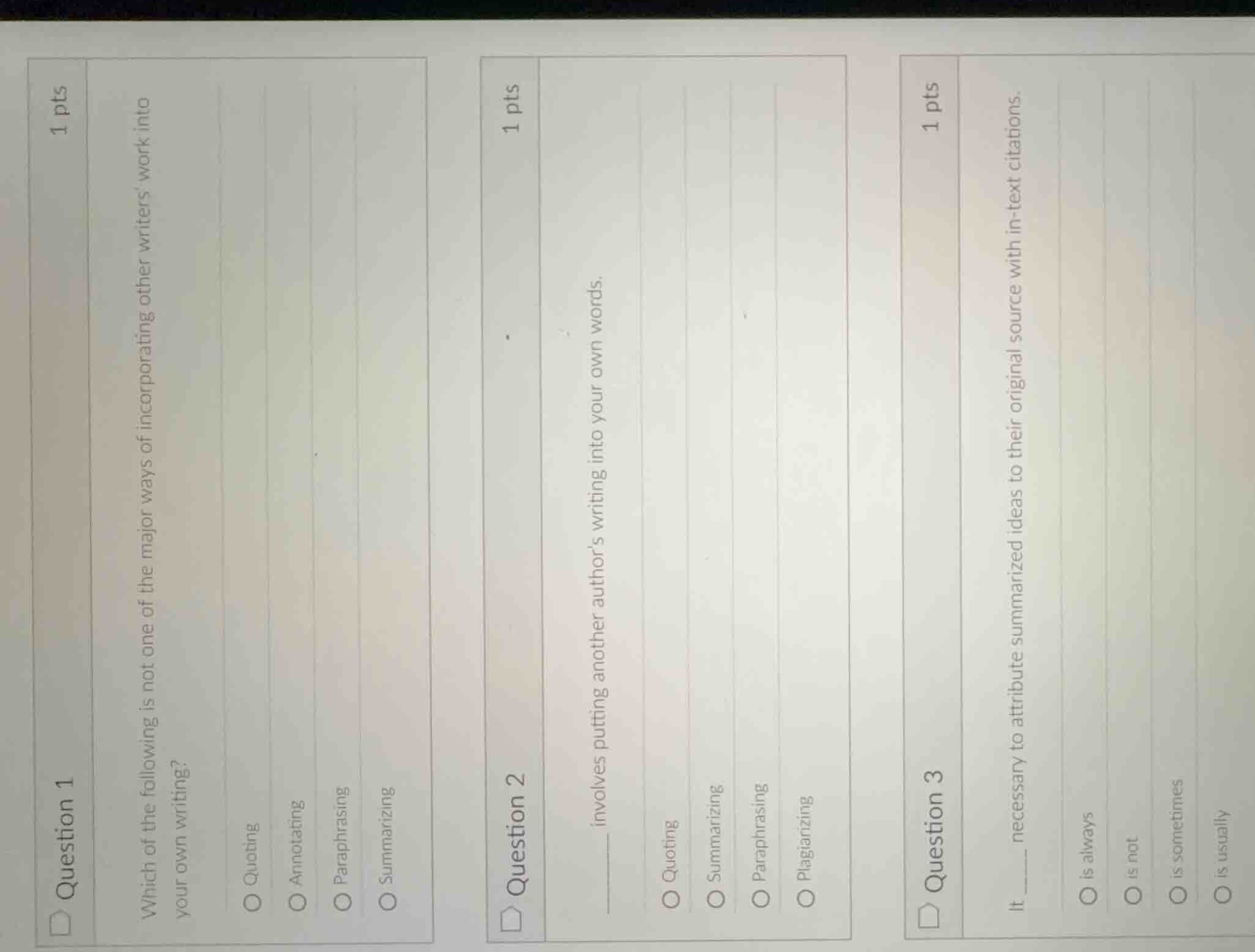 question 1 1 pts which of the following is not one of the major ways of…