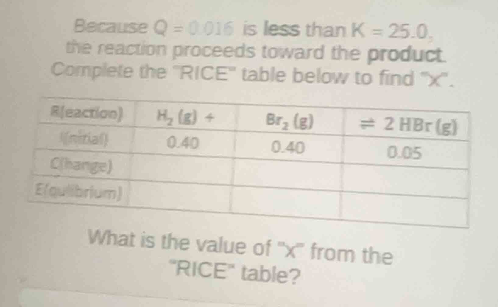 because \\(q = 0.016\\) is less than \\(k = 25.0\\), the reaction proce…