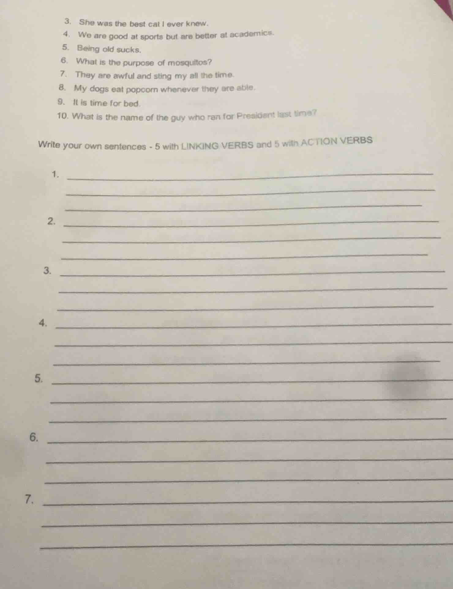 write your own sentences - 5 with linking verbs and 5 with action verbs