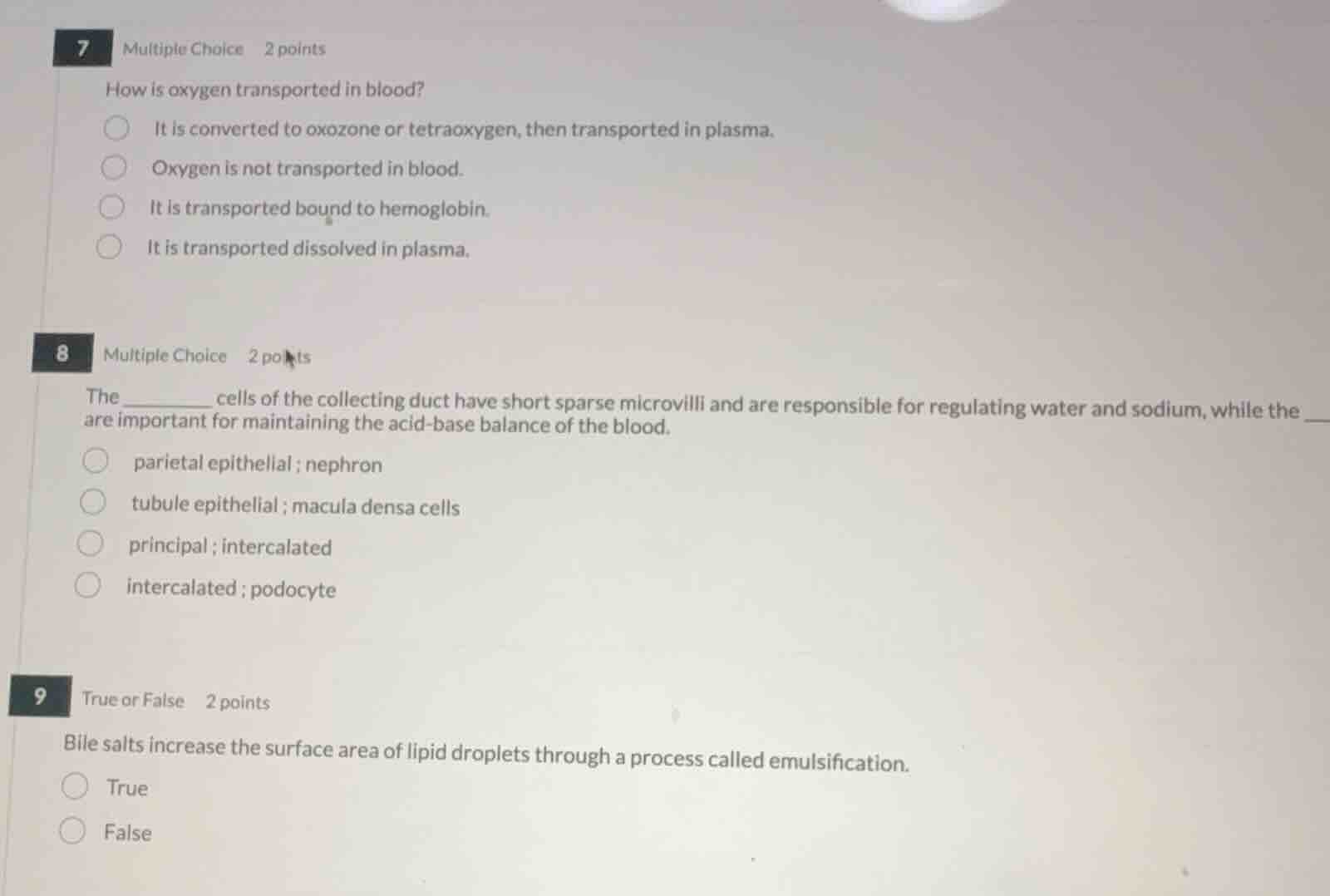 7 multiple choice 2 points how is oxygen transported in blood? it is co…