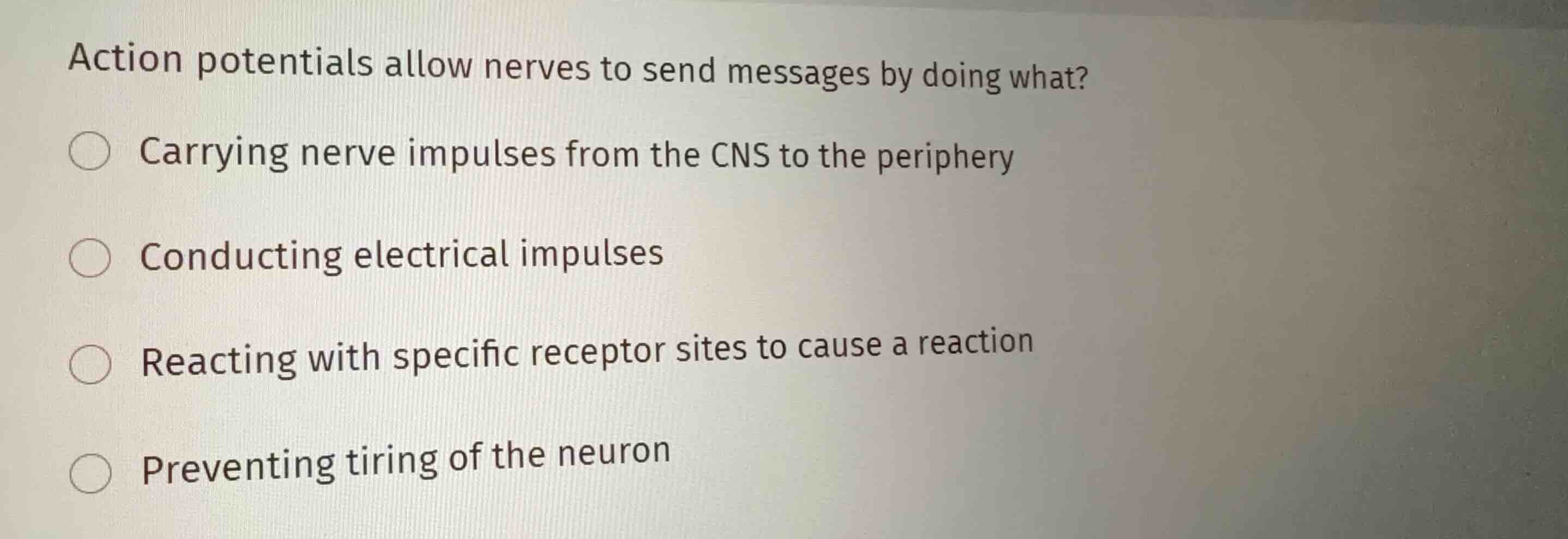 action potentials allow nerves to send messages by doing what? carrying…