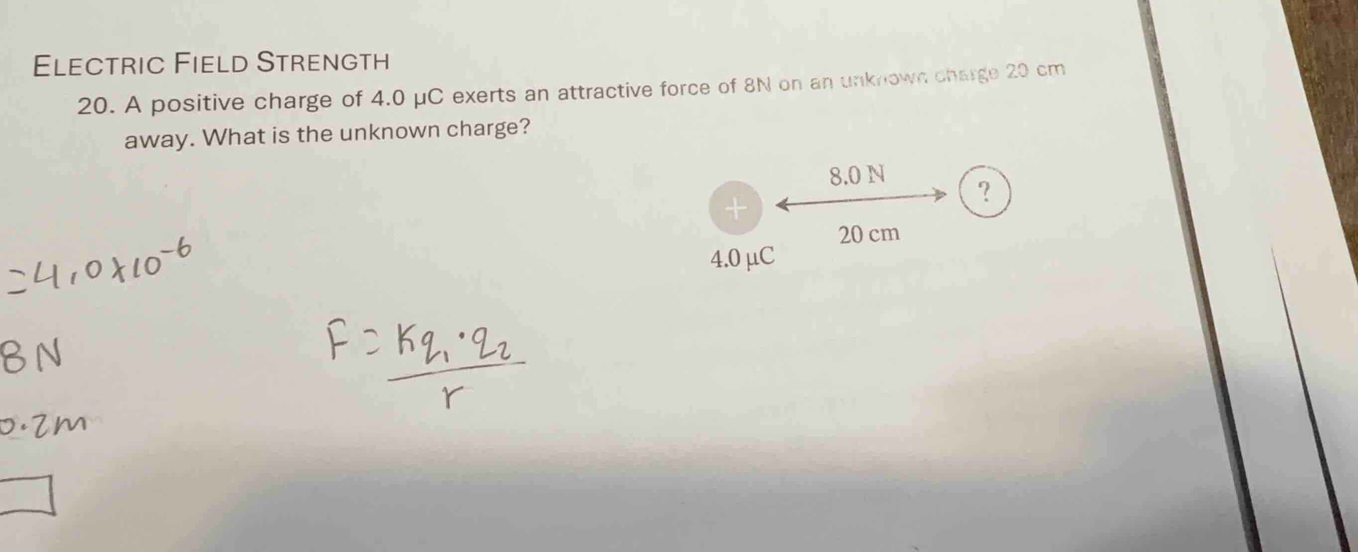 electric field strength 20. a positive charge of 4.0 \\(\\mu\\text{c}\\…