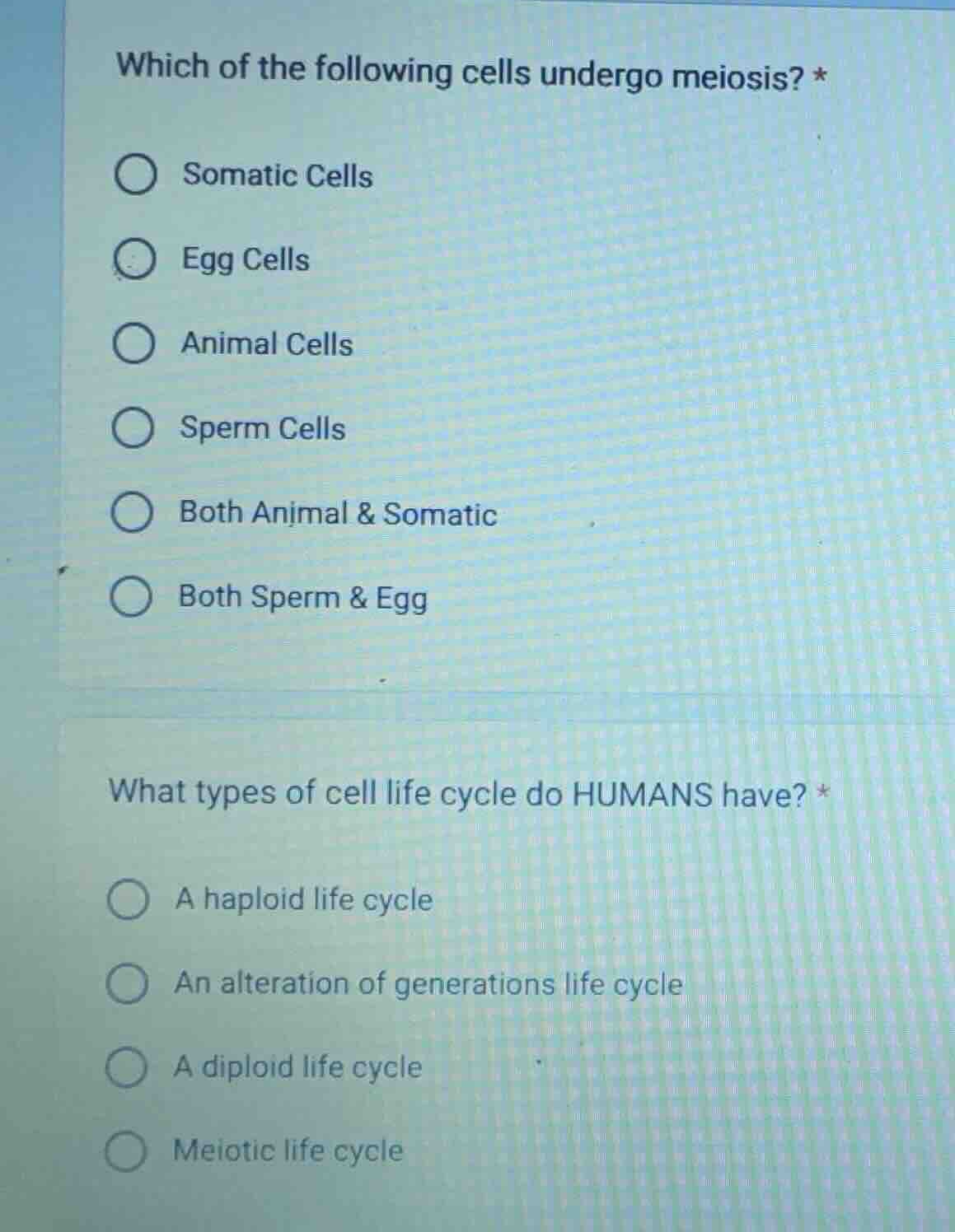 which of the following cells undergo meiosis? * somatic cells egg cells…
