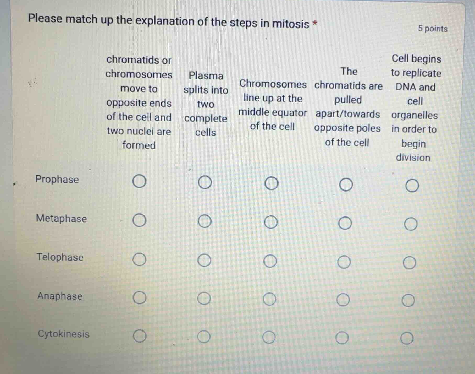 please match up the explanation of the steps in mitosis * 5 points colu…