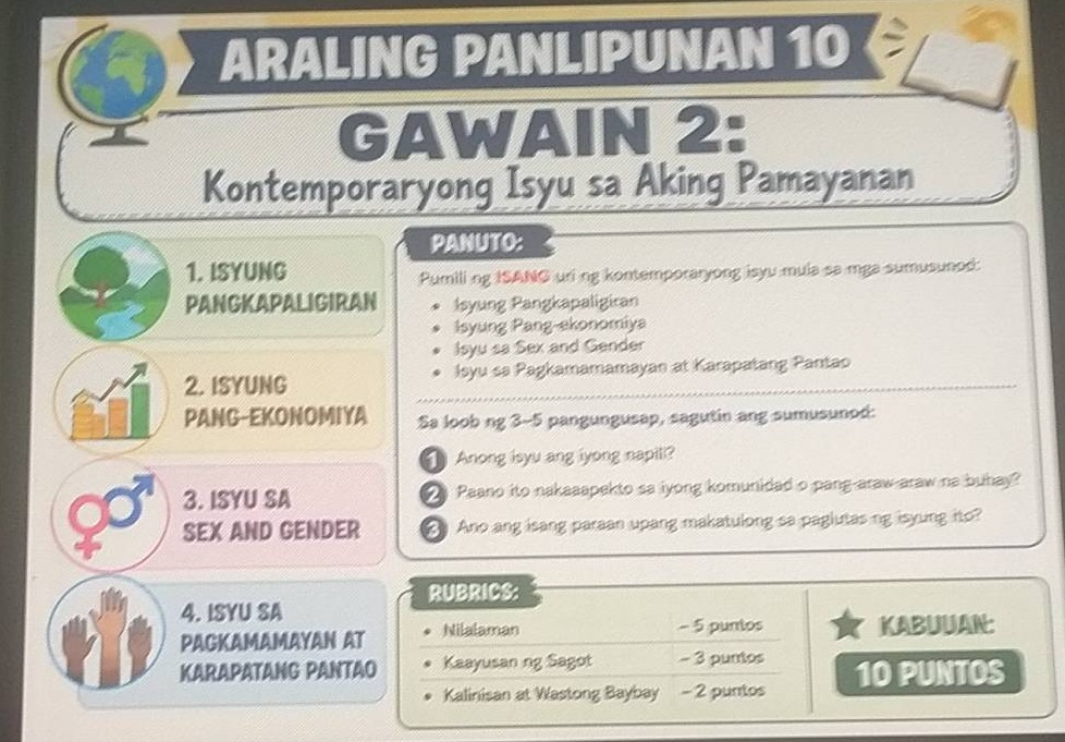 araling panlipunan 10 gawain 2: kontemporaryong isyu sa aking pamayanan…