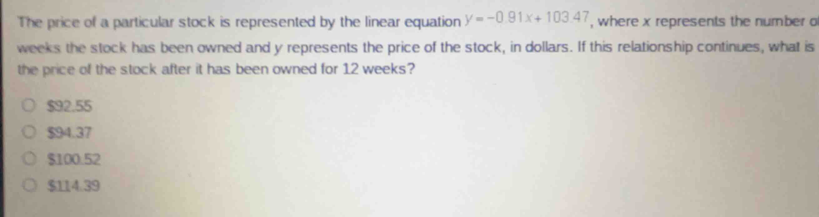 the price of a particular stock is represented by the linear equation \…