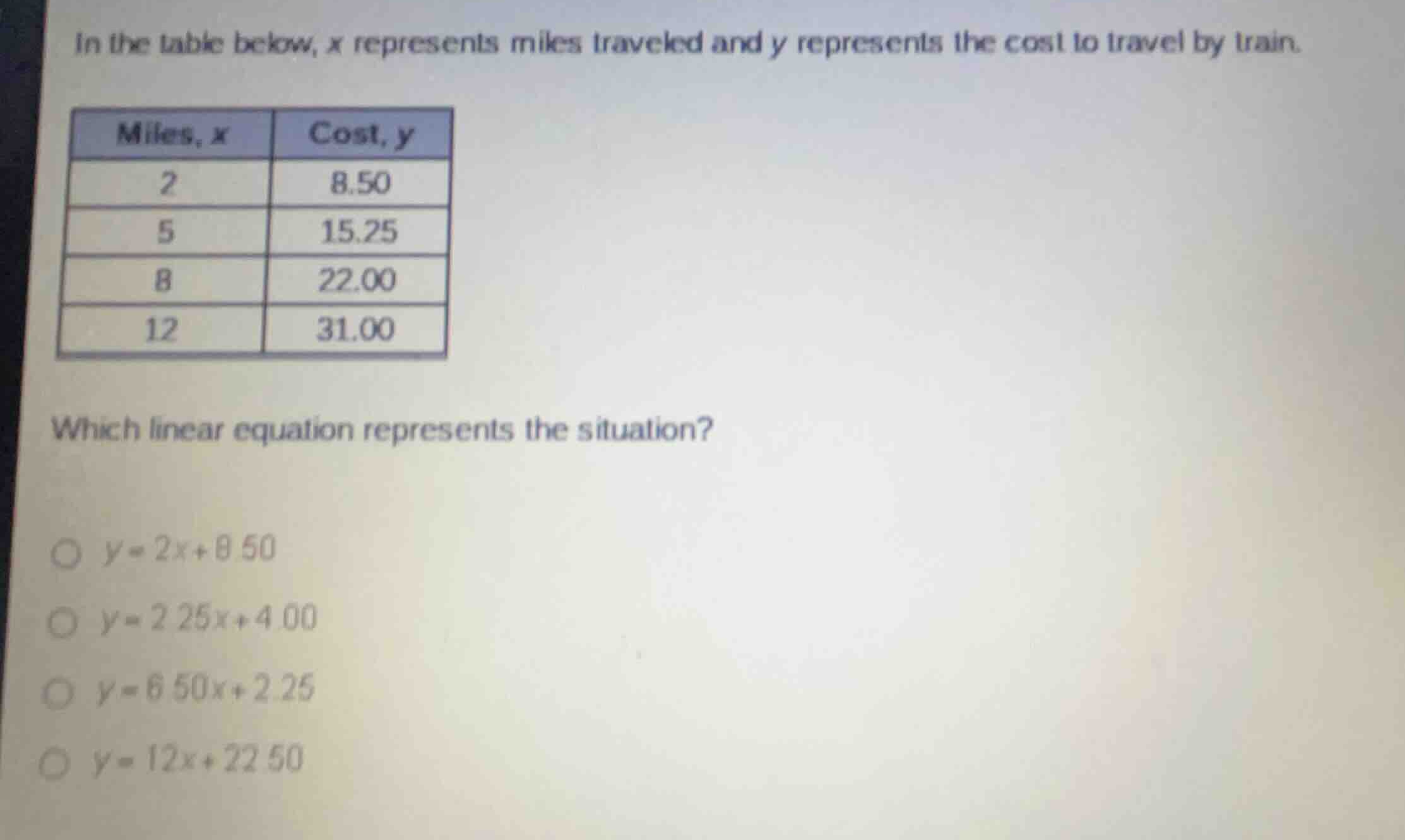 in the table below, x represents miles traveled and y represents the co…