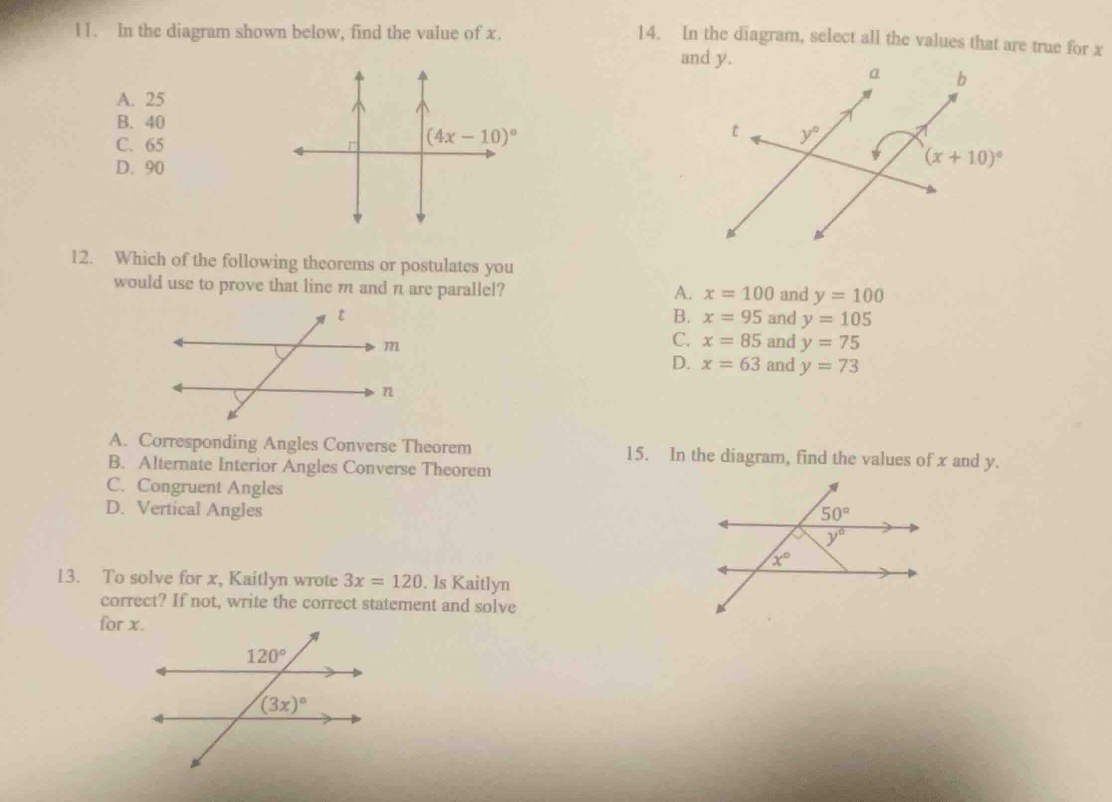 11. in the diagram shown below, find the value of (x). a. 25 b. 40 c. 6…