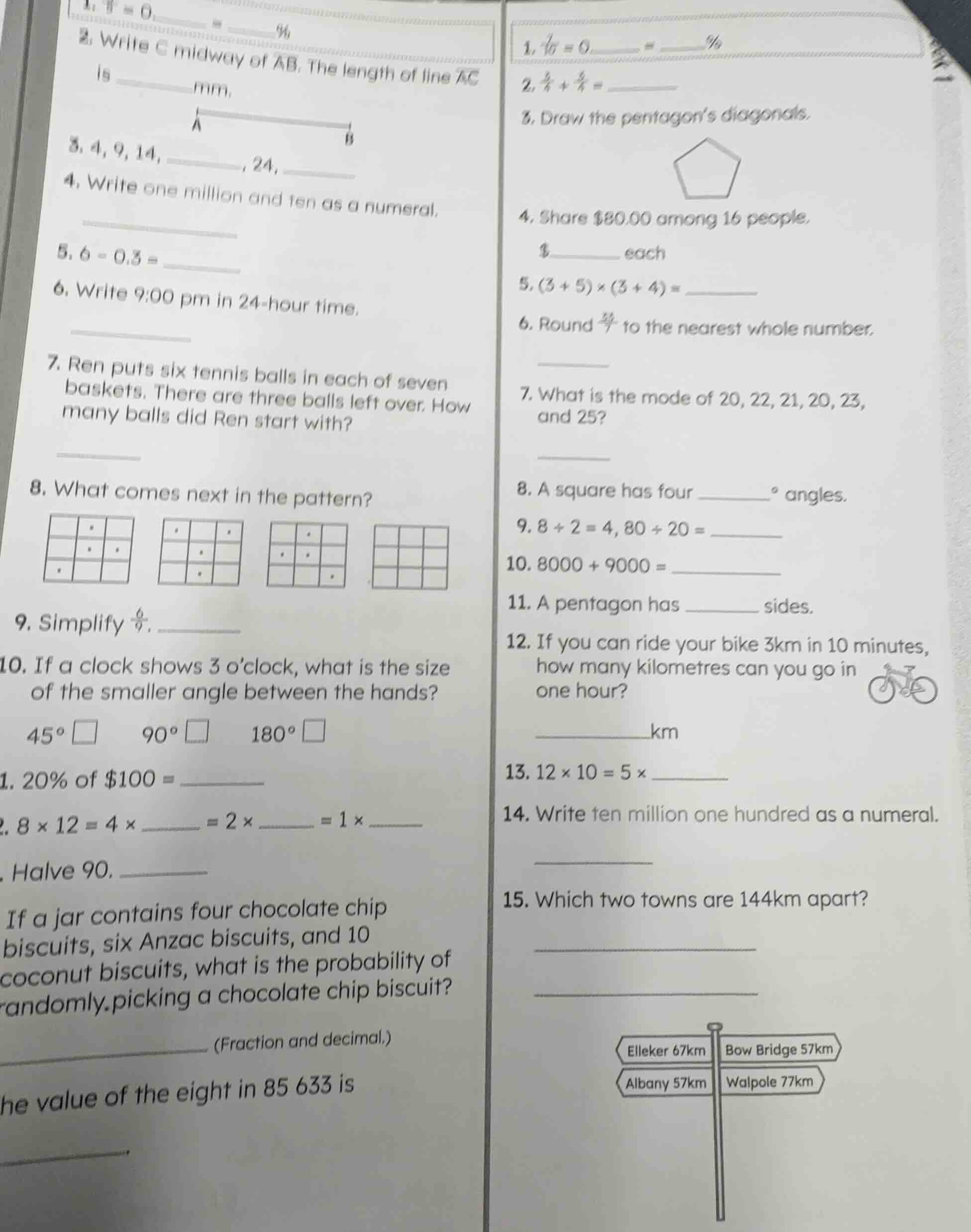 left column: 1. \\(\\frac{1}{10} = 0.\\_\\_\\_ = \\_\\_\\_\\%\\) 2. wri…