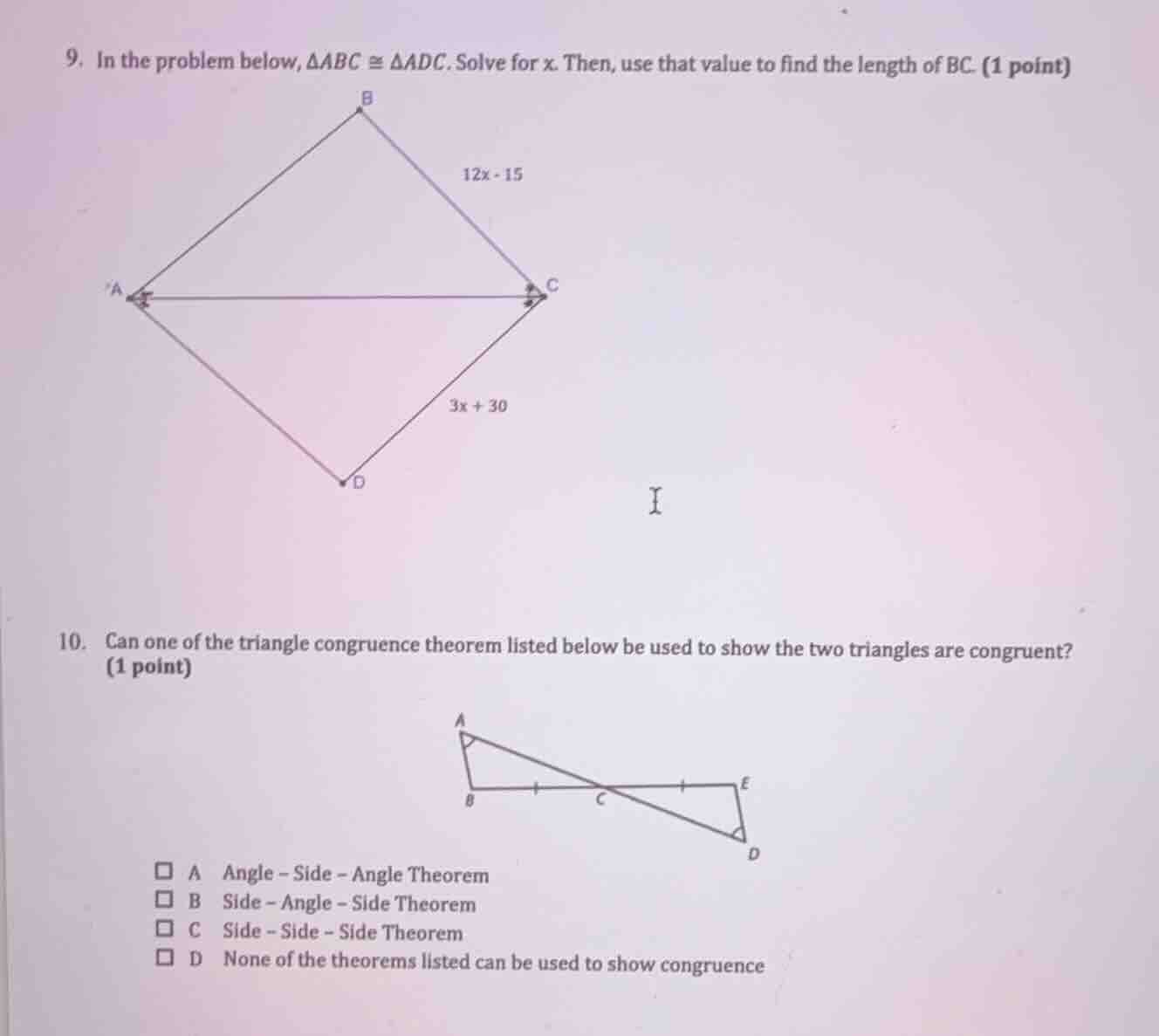 9. in the problem below, \\(\\delta abc \\cong \\delta adc\\). solve fo…