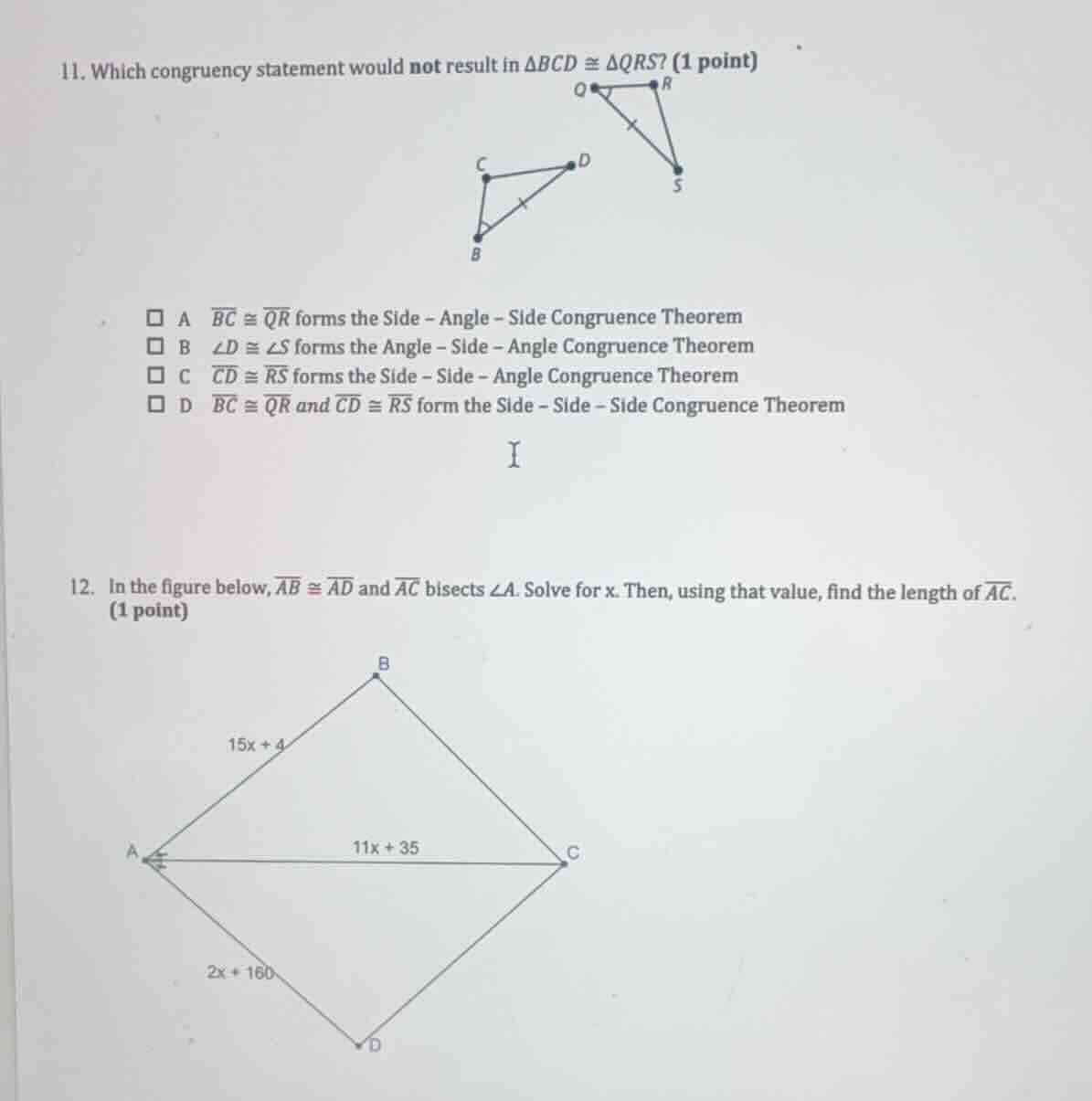 11. which congruency statement would not result in \\(\\delta bcd \\con…