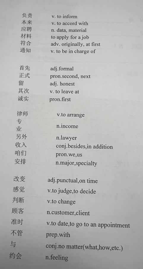 负责 v. to inform 本来 v. to accord with 应聘 n. data, material 材料 to apply f…
