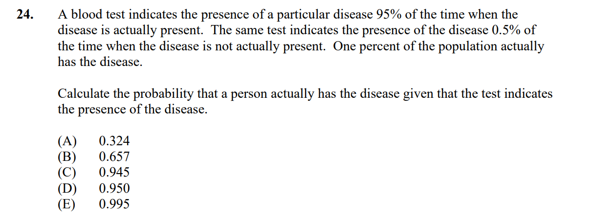 24. a blood test indicates the presence of a particular disease (95\\%)…