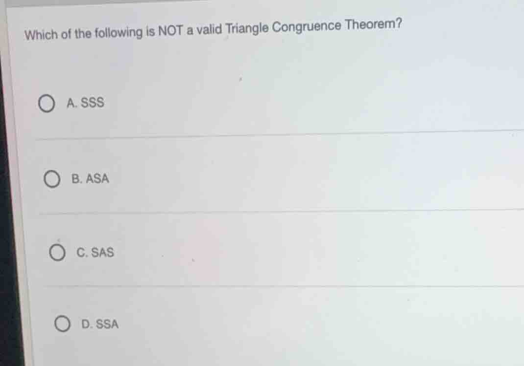 which of the following is not a valid triangle congruence theorem? a. s…