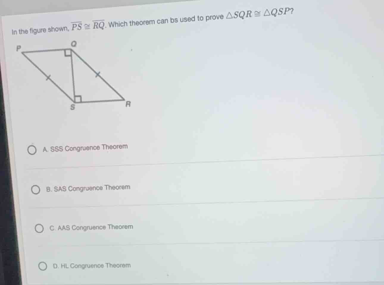in the figure shown, \\(\\overline{ps} \\cong \\overline{rq}\\). which …