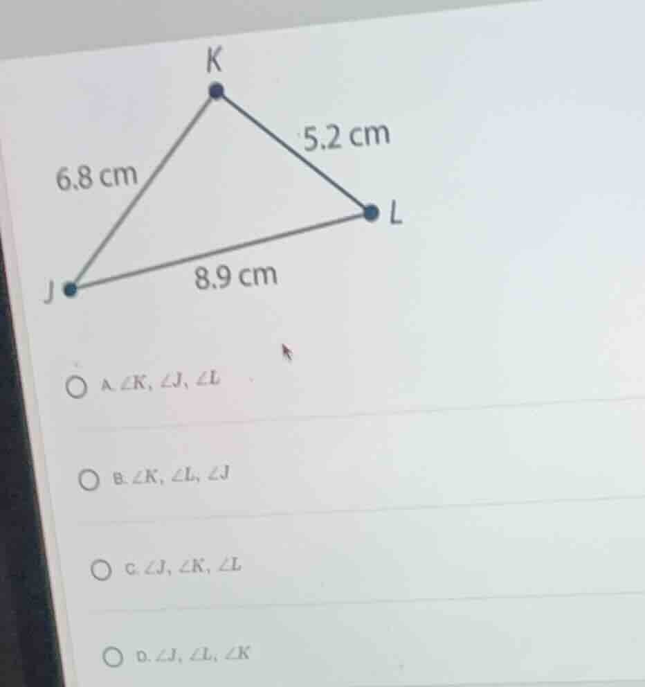 a. \\(\\angle k, \\angle j, \\angle l\\) b. \\(\\angle k, \\angle l, \\…