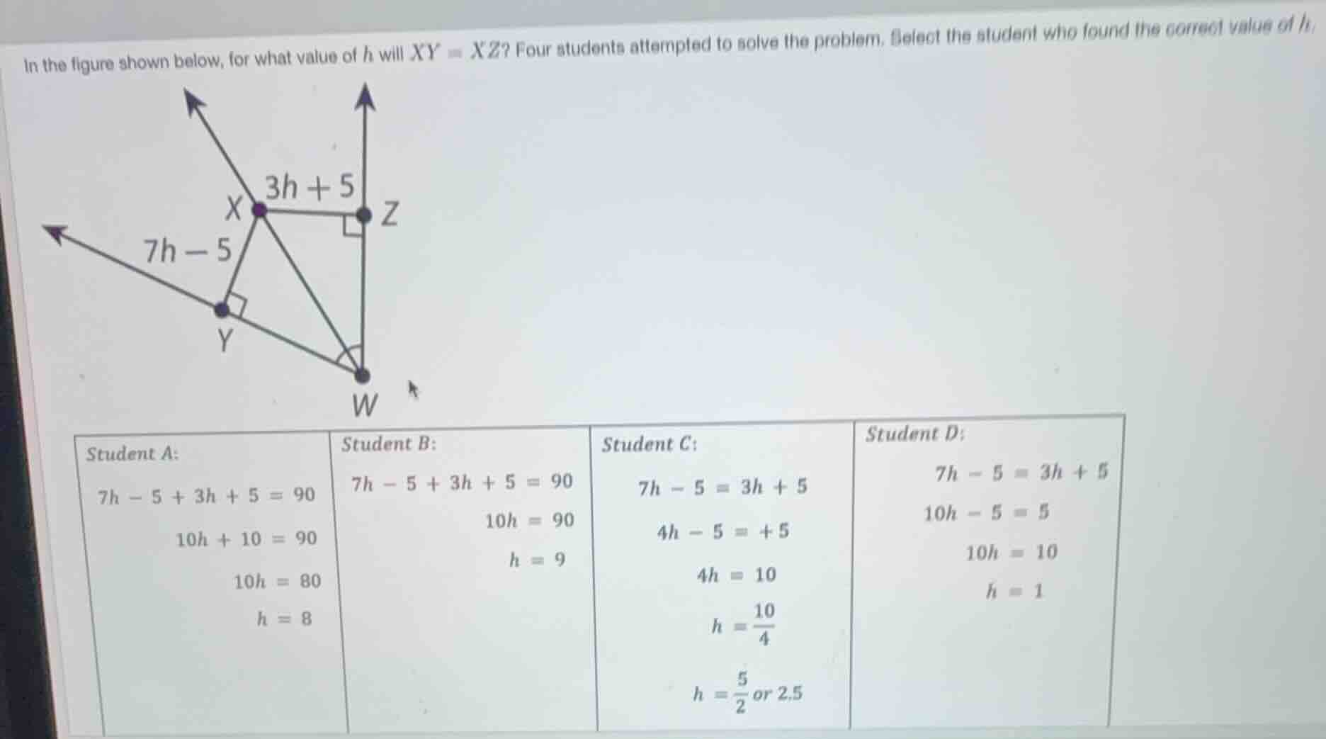 in the figure shown below, for what value of (h) will (xy = xz)? four s…