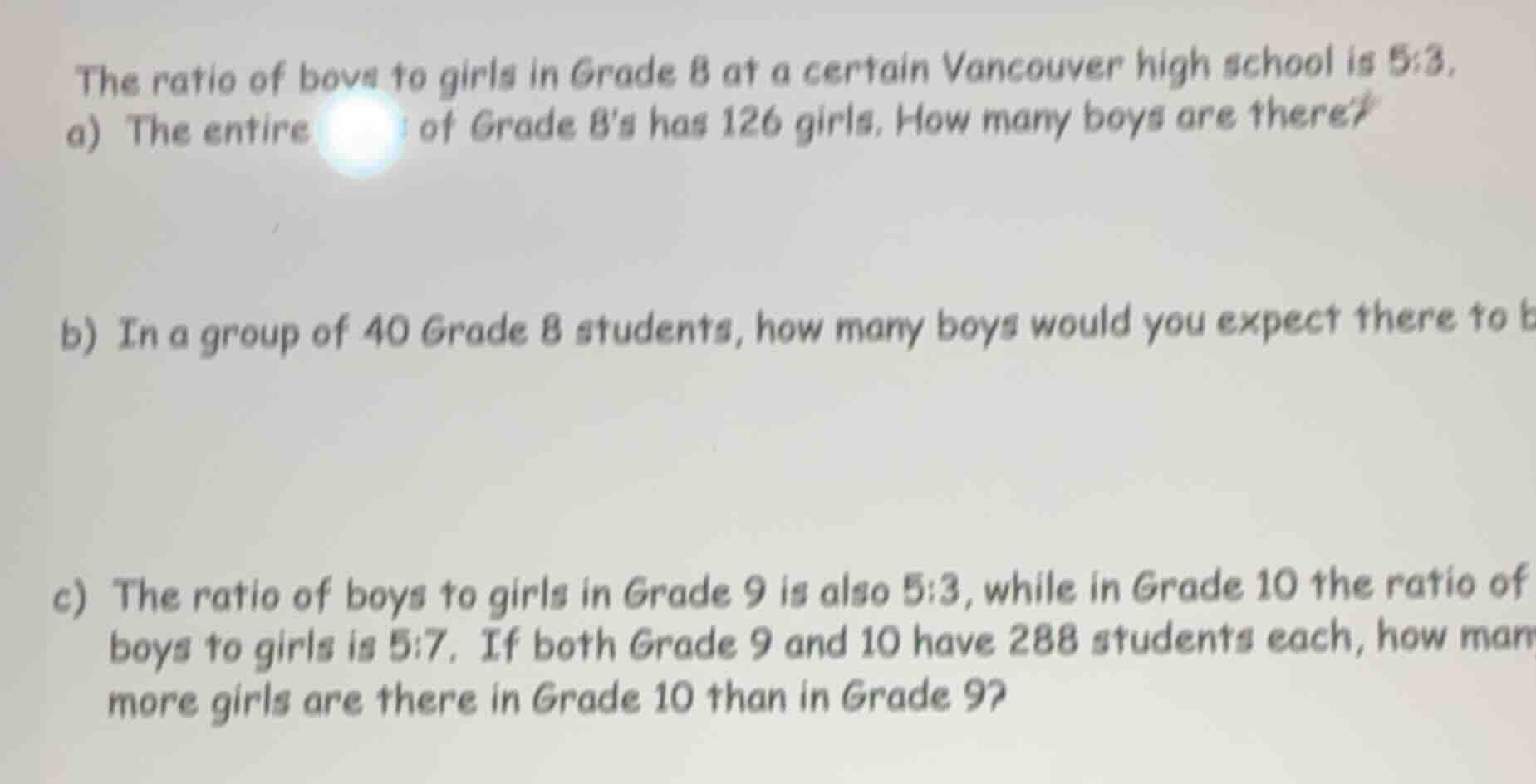 the ratio of boys to girls in grade 8 at a certain vancouver high schoo…