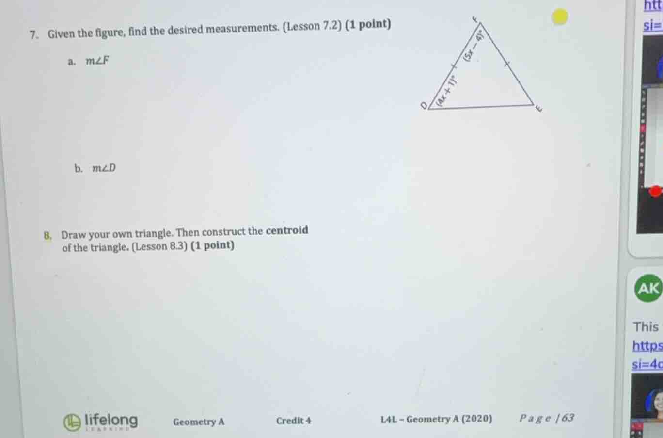 7. given the figure, find the desired measurements. (lesson 7.2) (1 poi…