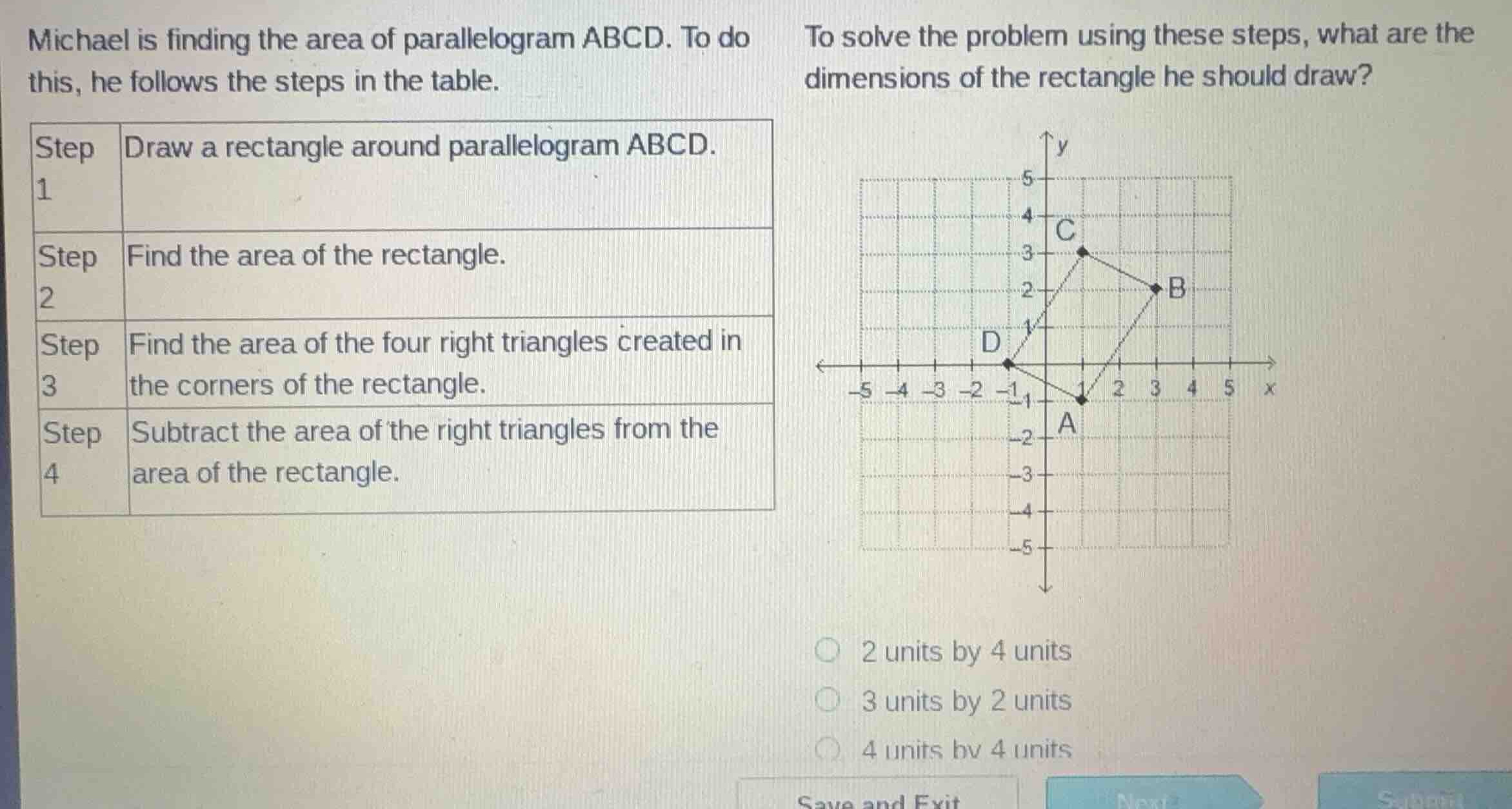 michael is finding the area of parallelogram abcd. to do this, he follo…