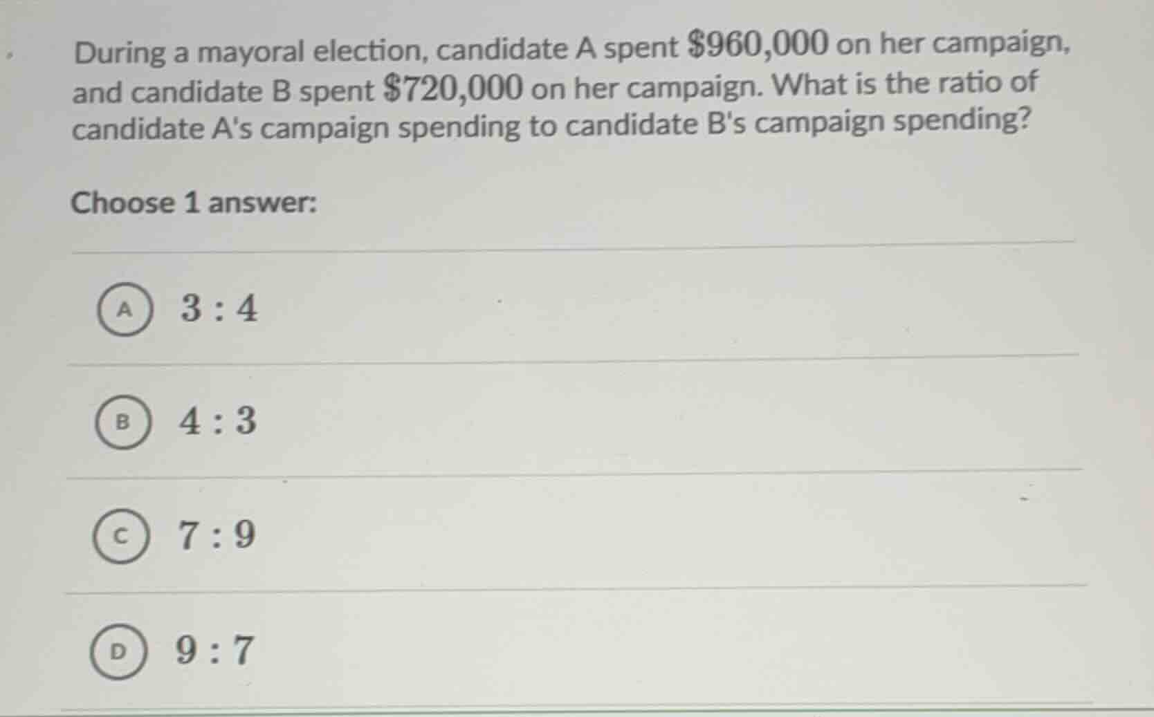 during a mayoral election, candidate a spent \\$960,000 on her campaign…