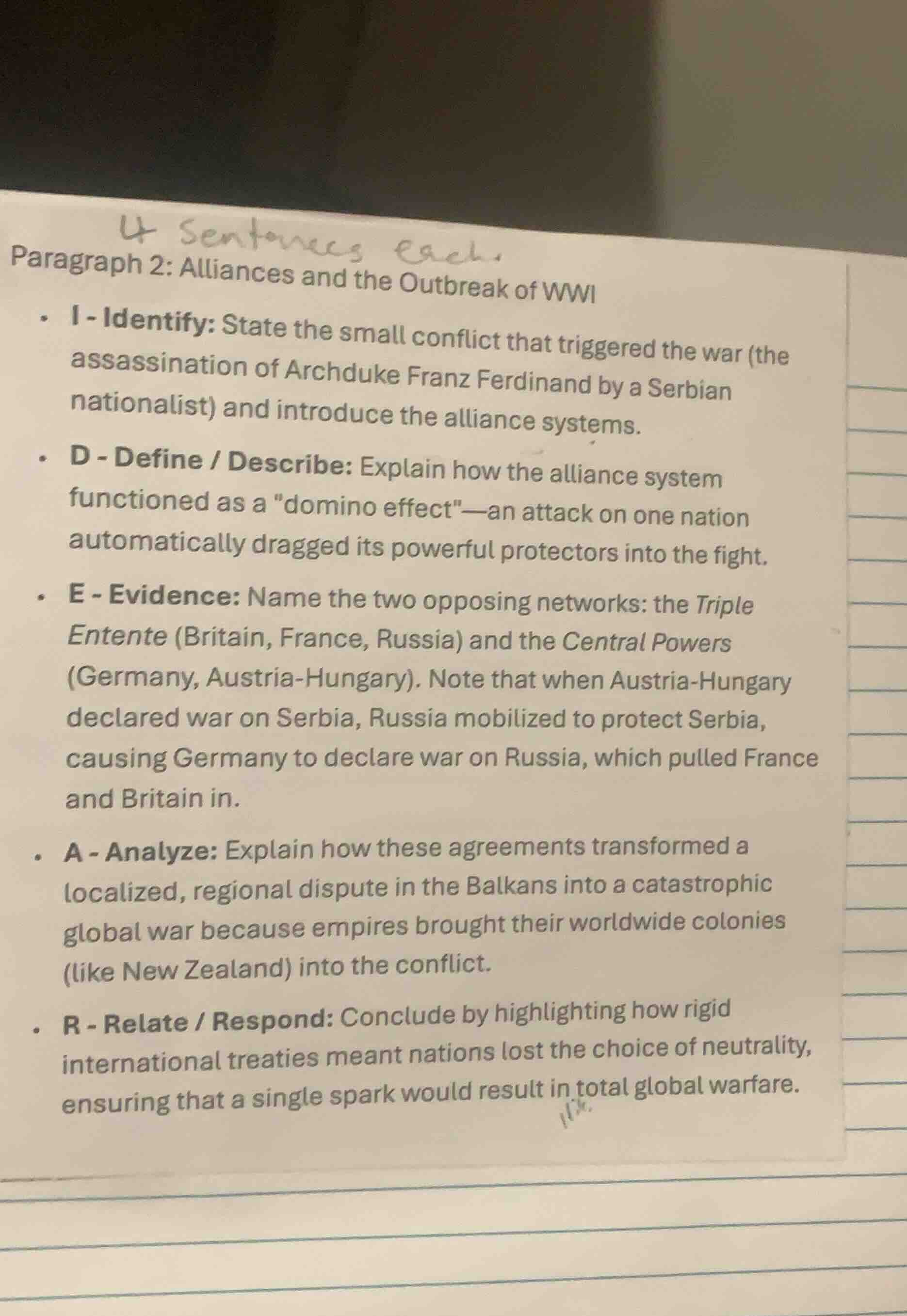 4 sentences each. paragraph 2: alliances and the outbreak of wwi - i - …