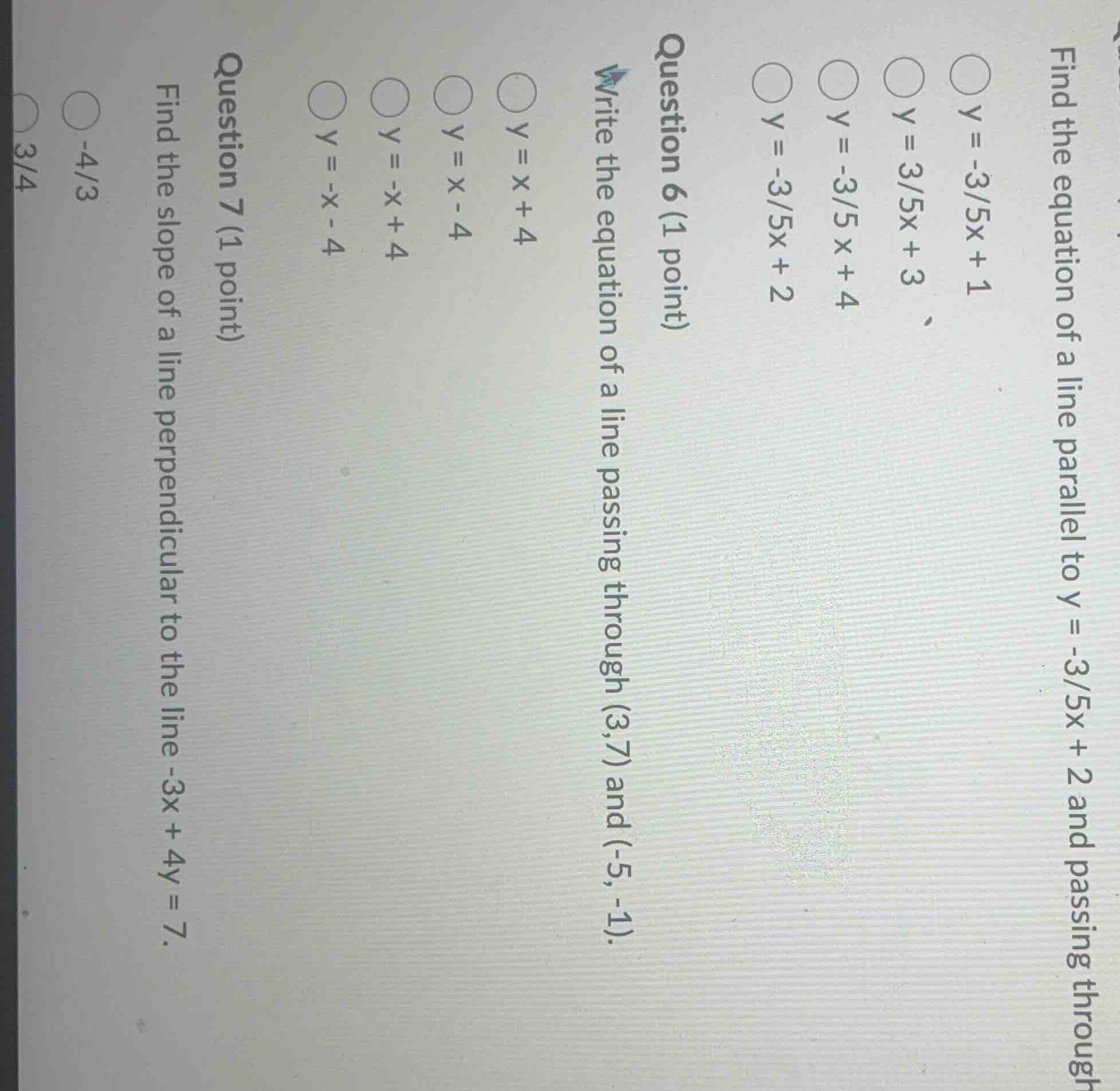 find the equation of a line parallel to \\(y = -3/5x + 2\\) and passing…