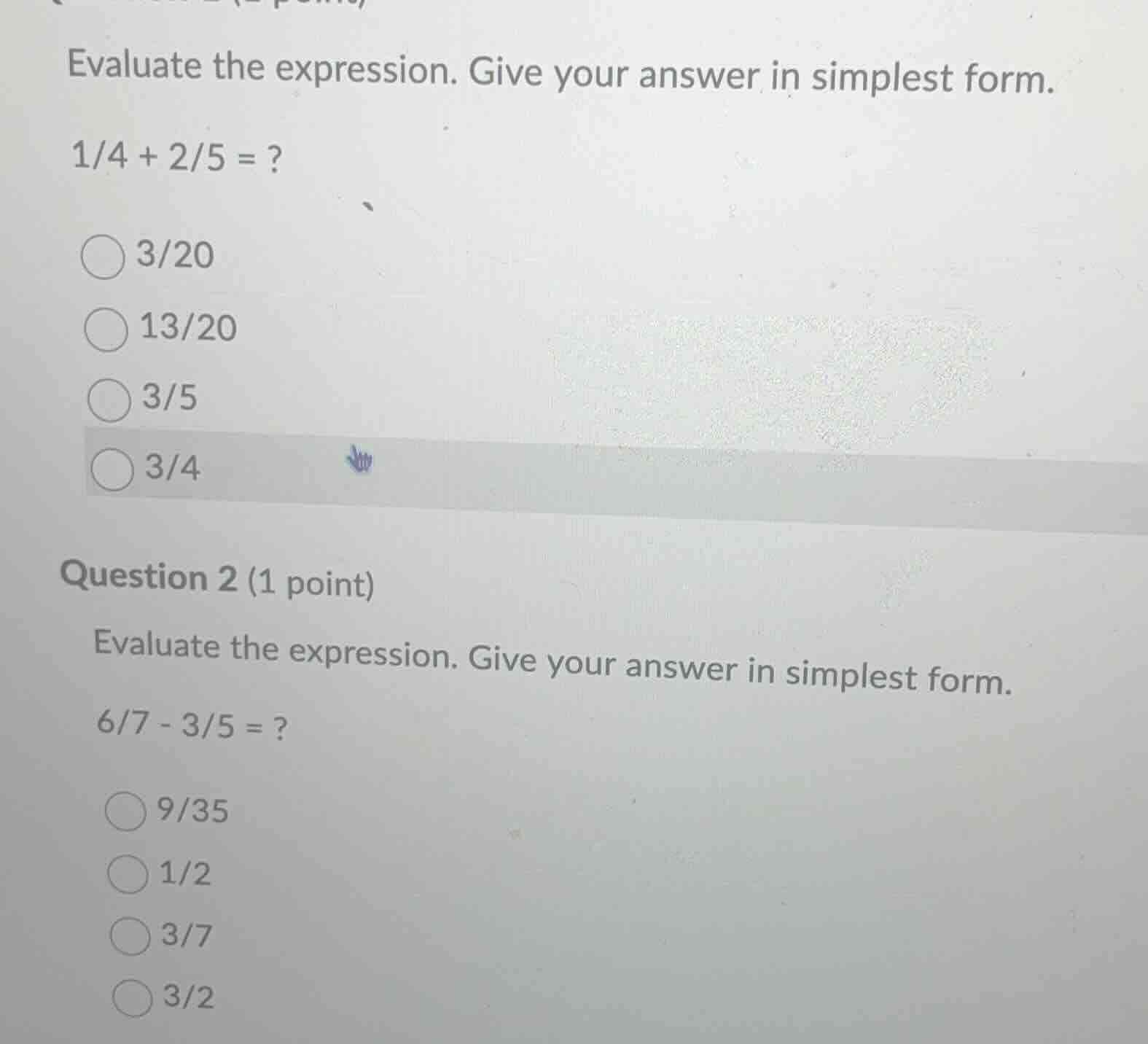 evaluate the expression. give your answer in simplest form. \\(1/4 + 2/…