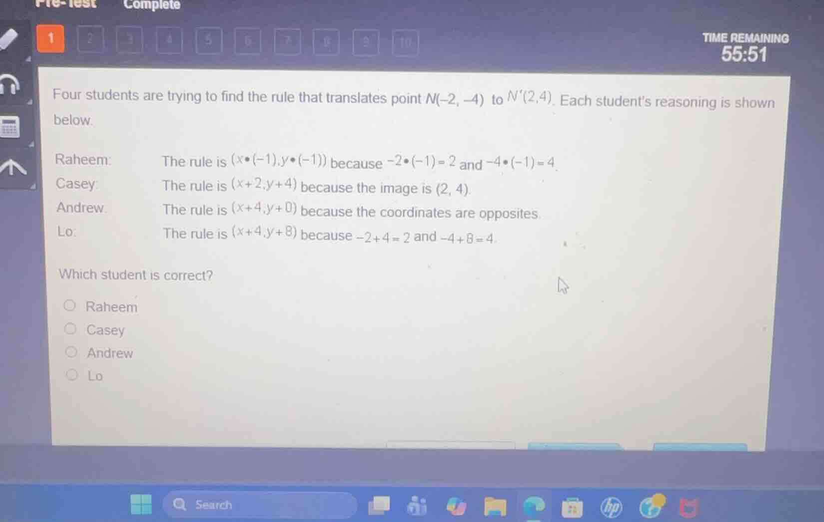four students are trying to find the rule that translates point \\(n(-2…
