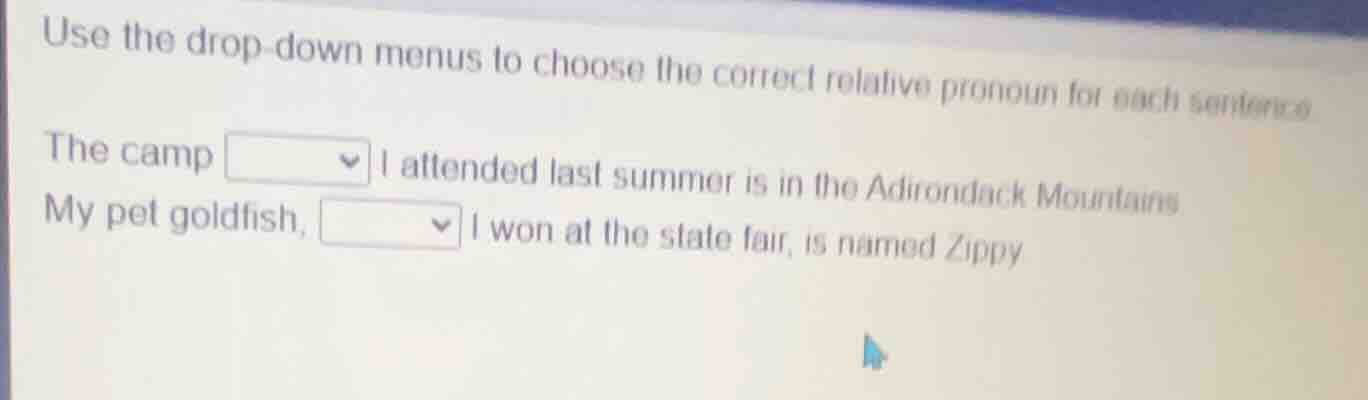 use the drop-down menus to choose the correct relative pronoun for each…
