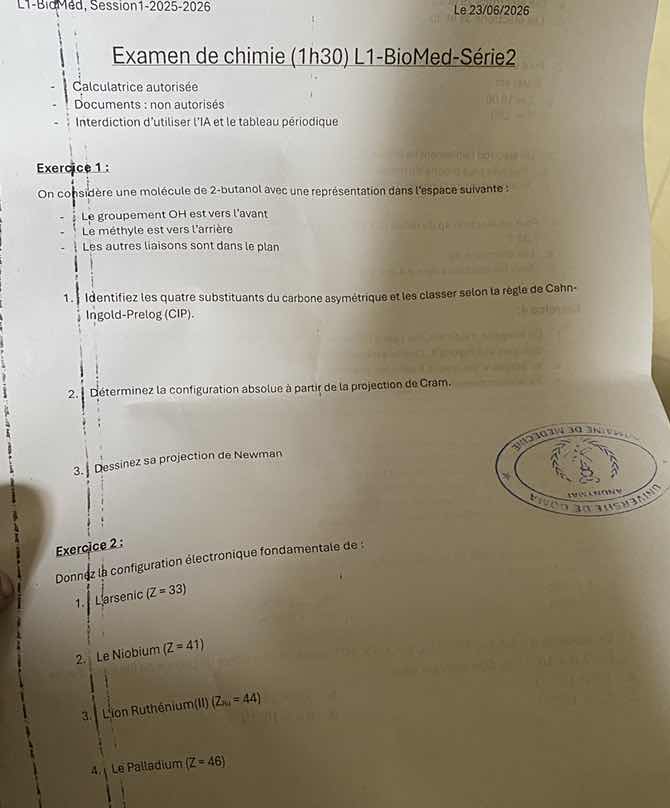 examen de chimie (1h30) l1-biomed-série2 - calculatrice autorisée - doc…