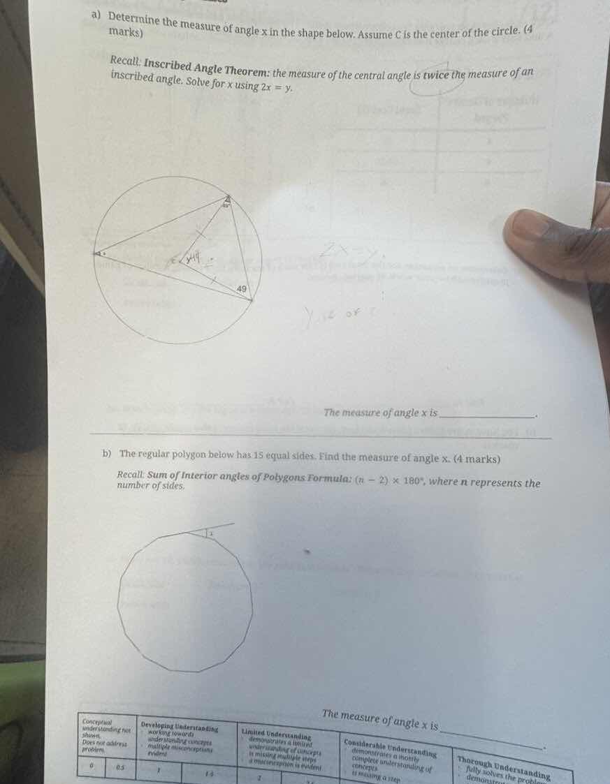 a) determine the measure of angle x in the shape below. assume c is the…