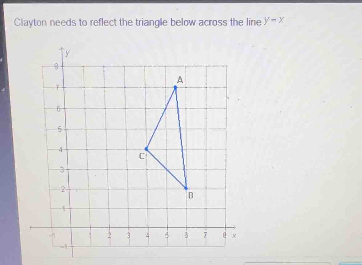 clayton needs to reflect the triangle below across the line \\(y = x\\).