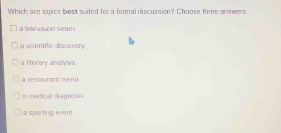 which are topics best suited for a formal discussion? choose three answ…