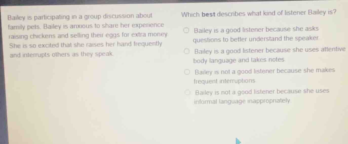 bailey is participating in a group discussion about family pets. bailey…