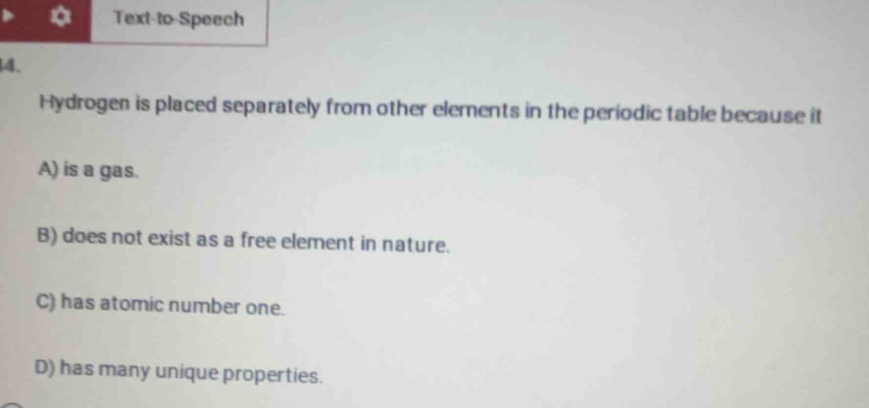 hydrogen is placed separately from other elements in the periodic table…