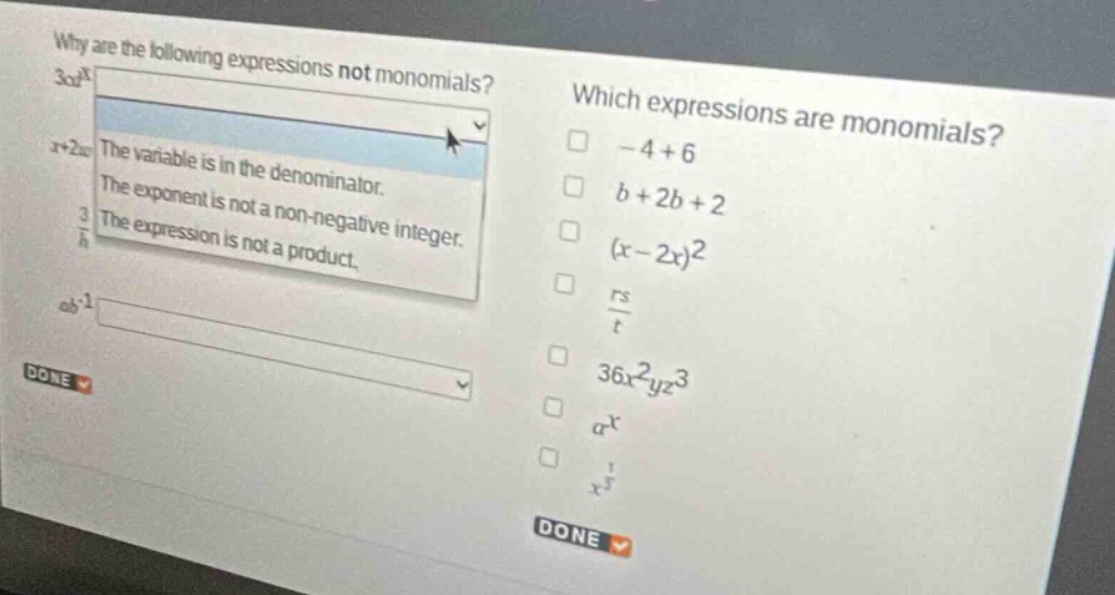 why are the following expressions not monomials? \\(3a^x\\) \\(x+2w\\) …