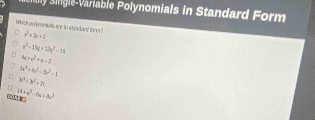 identify single-variable polynomials in standard form which polynomials…