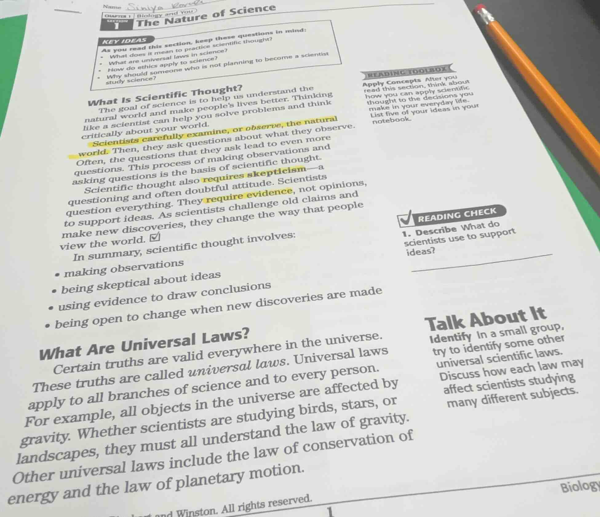 reading check 1. describe what do scientists use to support ideas?