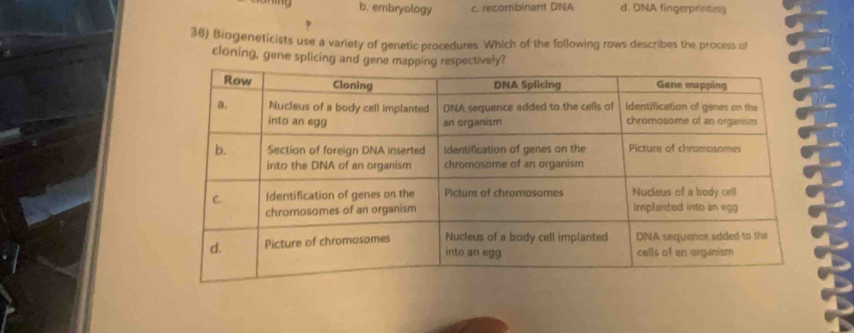 36) biogeneticists use a variety of genetic procedures. which of the fo…