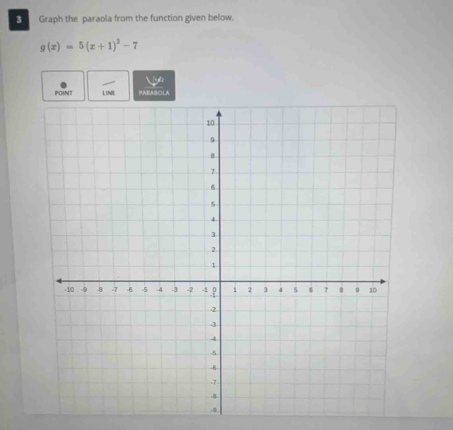 3 graph the parabola from the function given below. (g(x) = 5(x + 1)^2 …