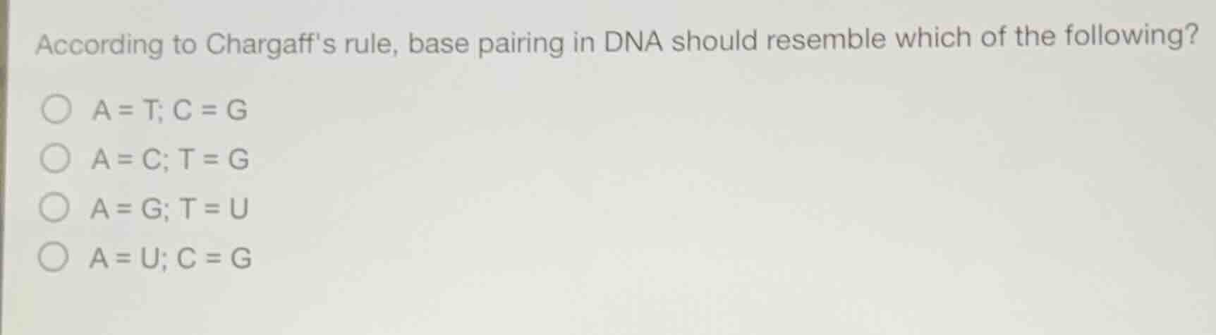 according to chargaffs rule, base pairing in dna should resemble which …